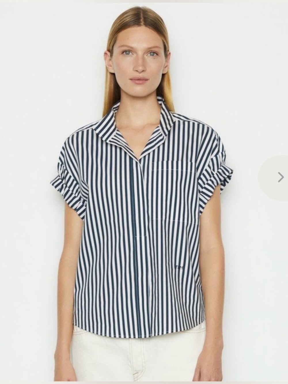 Frame Navy and White Vertical Stripe Short-Sleeve Shirt